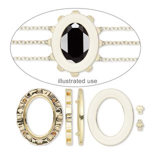 Mount 1pkg1, Miracle Mount&trade;, enamel and gold-finished "pewter" (zinc-based alloy), white, 39x32mm oval with 30x22mm oval setting. 18-piece set.