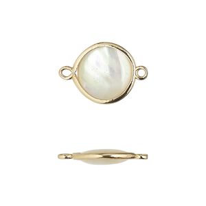 Link, mother-of-pearl shell and gold-finished brass (assembled) 1pkg4, 12.5mm-13.5mm double-sided round.