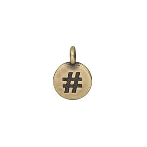 Drop, TierraCast&reg;, antique brass-plated pewter (tin-based alloy), 12mm single-sided flat round with textured hashtag or pound sign. Sold per pkg of 2.