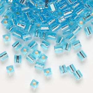 Seed bead, Miyuki 1pkg10g, glass, 3.5-3.7mm square, transparent silver-lined aqua (SB-18)