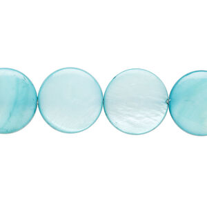 Mother-of-pearl shell 1pkg1, puffed flat round bead 15 inch teal 13-14mm