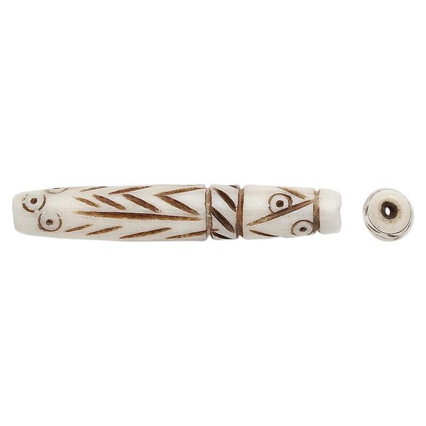 Bead, bone (dyed), brown and white, 1-1/2 inch hand-carved with line design, Mohs hardness 2-1/2. Sold per pkg of 10. image number 0