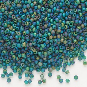 Seed bead, Dyna-Mites&trade;, glass, pkg/1/2kg, #11 round, translucent frosted rainbow peacock, (23FAB 11/0 RR).