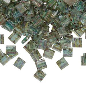 Seed bead, TILA&reg;, glass, pkg/250g, 5mm full tila square, translucent Picasso turquoise blue, (TL-4506).