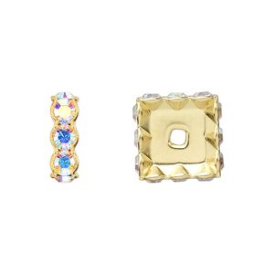 Bead 4pk crystal AB gold plate, Crystal Passions&reg; 12x4.5mm square rondelle 77612
