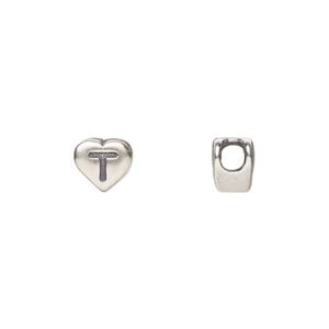 Bead 1pkg1 sterling silver, 7.5x7mm heart / letter T, antiqued Dione&reg;