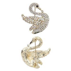 Brooch, glass rhinestone and gold-finished "pewter" (zinc-based alloy), clear AB / clear / black, 41x39mm swan. Sold individually.