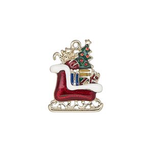 Charm, enamel and gold-finished "pewter" (zinc-based alloy), multicolored, 21x16mm single-sided sleigh with presents. Sold individually.
