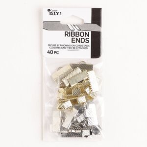 Ribbon crimp end mix 1pkg40 gold- / silver-finished, 6x5mm / 16x6mm textured rectangle, steel