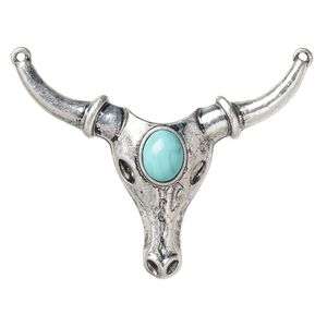 Focal, "turquoise" (resin) (imitation) and antiqued "pewter" (zinc-based alloy), blue, 57x43mm single-sided steer skull with 2 loops. Sold individually.