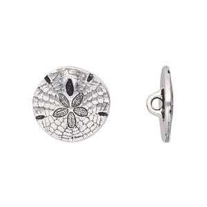 Button, TierraCast&reg;, antique silver-plated pewter (tin-based alloy), 17mm flat round sand dollar with closed loop. Sold per pkg of 2.