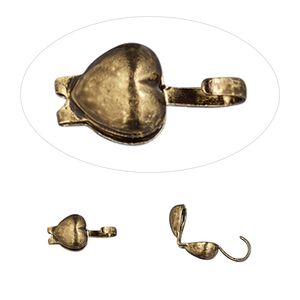 Bead tip bottom clamp-on 1pkg100 gold-plated, 9x5mm heart / open loop, brass / antiqued Hot Tips&reg;