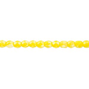Bead, Czech fire-polished glass, opaque yellow, 4mm faceted round. Sold per pkg of 1,200 (1 mass).