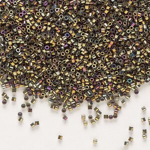 Seed bead, Delica&reg;, glass, pkg/7.5g, #15 round, opaque nickel-plated golden olive iris (DBS-0029).