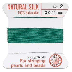 Thread, Griffin, silk, green, size #2. Sold per 2-meter card (approximately 78 inches).
