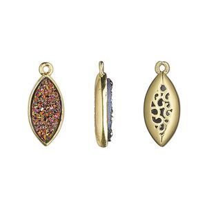 Drop, Druzylite&trade;, "druzy" (resin) and gold-finished brass, metallic purple, 16x8mm two-sided marquise with open filigree back. Sold per pkg of 4.