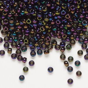 Seed bead, Miyuki, glass, pkg/50g, #8 rocaille, opaque metallic iris dark plum (RR-454).