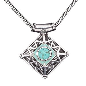 Necklace, magnesite (dyed / stabilized) / antique silver-plated brass / steel / "pewter" (zinc-based alloy), turquoise blue, 50x50mm diamond, 16 inches with 2-inch extender chain and lobster claw clasp. Sold individually.