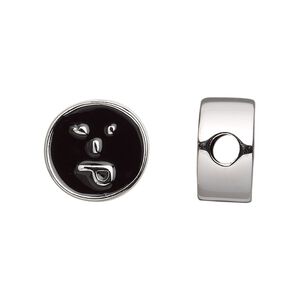 Bead 1pkg1 silver-finished "pewter", 16mm flat round / playful face / 2sided, enamel black Dione&reg;