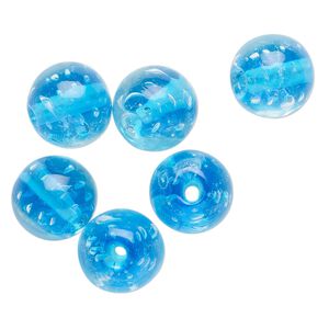 Bead, lampworked glass, translucent aqua blue, 12mm round. Sold per pkg of 6.