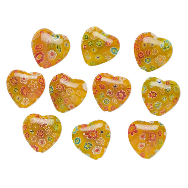 Bead, millefiori glass 1pkg10, translucent orange and multicolored, 21-23mm puffed heart. image number 0