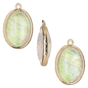Drop, Opalized Ice&trade;, "opal" (resin) and gold-finished brass, white, 20x15mm double-sided oval. Sold per pkg of 4.