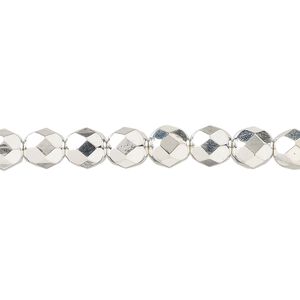 Bead, fire-polished, silver-plated glass, opaque clear, 6mm faceted round. Sold per 1 mass, approximately 1,200 beads.