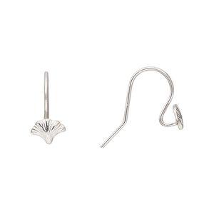 Ear wire fishhook 1pkg2 Amoracast&reg; sterling silver, 14mm / 7x5mm leaf ginkgo / open loop, 20 gauge 1 pair