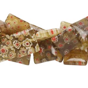 Bead, millefiori glass, translucent amber and multicolored, 11mm-13x12mm puffed square with flower design. Sold per 14-inch strand.