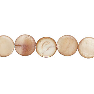 Mother-of-pearl shell 1pkg1, puffed flat round bead 15 inch light brown 9-11mm