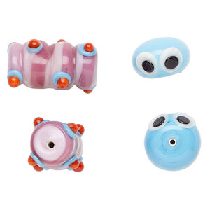 Bead, lampworked glass 2pkg2, multicolored, 17x12mm/27x18mm caterpillar head and body.