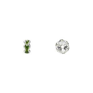 Bead 1pkg10 silver-plated, 5x2mm rondelle, brass / peridot green rhinestone