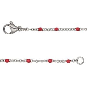 Chain 1pkg1 cable, 1.7mm flat / 2mm ball / lobster claw clasp, stainless steel / red enamel 18 inch