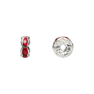 Bead 1pkg10 silver-plated, 8x4mm rondelle, brass / red rhinestone