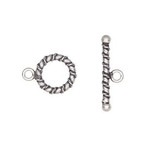 Clasp toggle 1pkg2 sterling silver, 12mm round, antiqued 1-strand