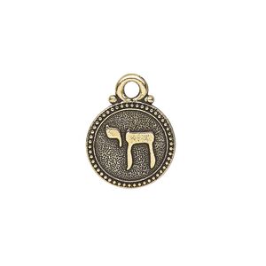 Drop, TierraCast&reg;, antique gold-plated pewter, 14.5mm single-sided beaded round with chai. Sold individually.