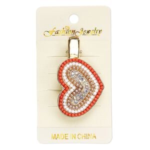 Hair clip, acrylic / glass rhinestone / gold-finished steel / "pewter" (zinc-based alloy), multicolored, 47x29mm with 36x29mm heart. Sold individually.