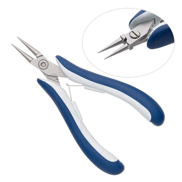 Pliers, Teborg&reg;, round-nose, steel / stainless steel / plastic, grey / white / blue, 5-1/2 inches. Sold individually. image number 0
