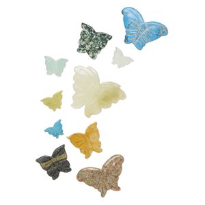 Multi-gemstone / glass 1pkg10, carved butterfly bead mix 13x9mm-40x26mm
