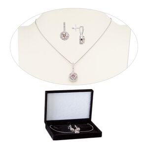 Necklace and earring set, cubic zirconia / stainless steel / rhodium-finished brass, pink and clear, 30mm dangle, 15" to 16" necklace with 2-inch extender chain and lobster claw clasp, 30mm earrings with post. Sold per set.
