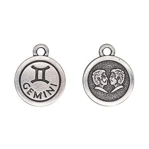 Charm, TierraCast&reg;, antique silver-plated pewter (tin-based alloy), 15mm two-sided flat round with Gemini zodiac sign and symbol. Sold per pkg of 20.