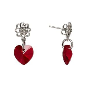 Earstud, Everyday Jewelry&trade;, Crystal Passions&reg; and silver-plated "pewter", Siam, 21mm with flower and heart. Sold per pair.