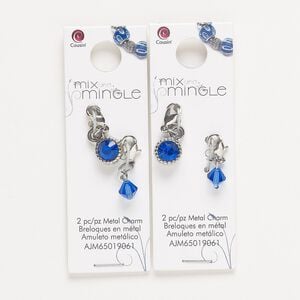 Drop, silver-finished "pewter" (zinc-based alloy) / steel / glass, blue, 22x7mm single-sided and 24x9mm single-sided with lobster claw clasp. Sold per pkg of (2) 2-piece sets.