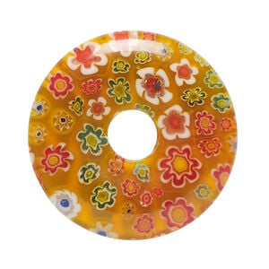Focal, millefiori glass 1pkg1, translucent red-orange and multicolored, 34-35mm undrilled donut.