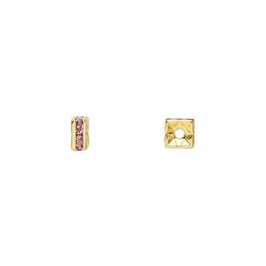 Bead 1pkg10 gold-finished, 4x2mm squaredelle, brass / rose rhinestone