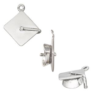 Charm, antiqued sterling silver 1pkg1, 18x17mm 3D graduation cap.
