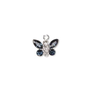Charm, crystals and sterling silver, crystal clear and Montana, 12x8mm butterfly. Sold individually.