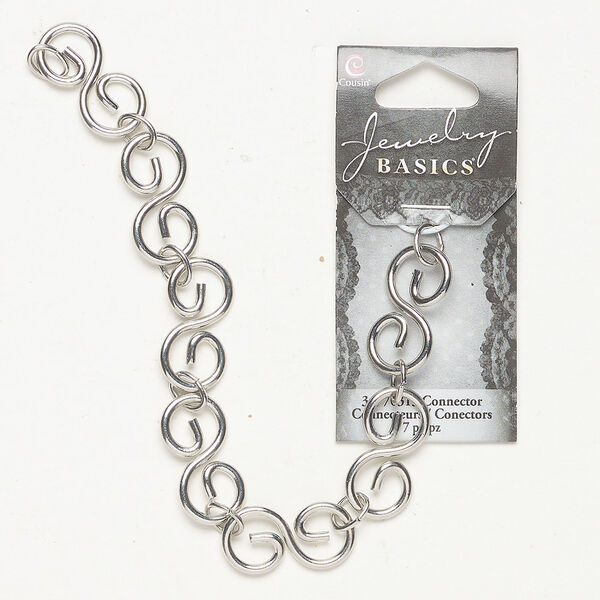 Connector 1pkg7, silver-finished steel, 24x12mm "S" with 5mm jump ring spacer. image number 0