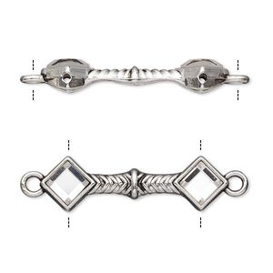 Link, glass rhinestone and antique silver-finished "pewter" (zinc-based alloy), clear, 31x9mm double-drilled bar with diamond design, fits up to 21.5mm bead. Sold per pkg of 10.