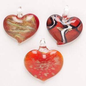 Random focal mix, lampworked glass, pkg/3, opaque and translucent mixed colors with silver-colored foil and copper-colored glitter, 34x32mm-40x35mm puffed heart.